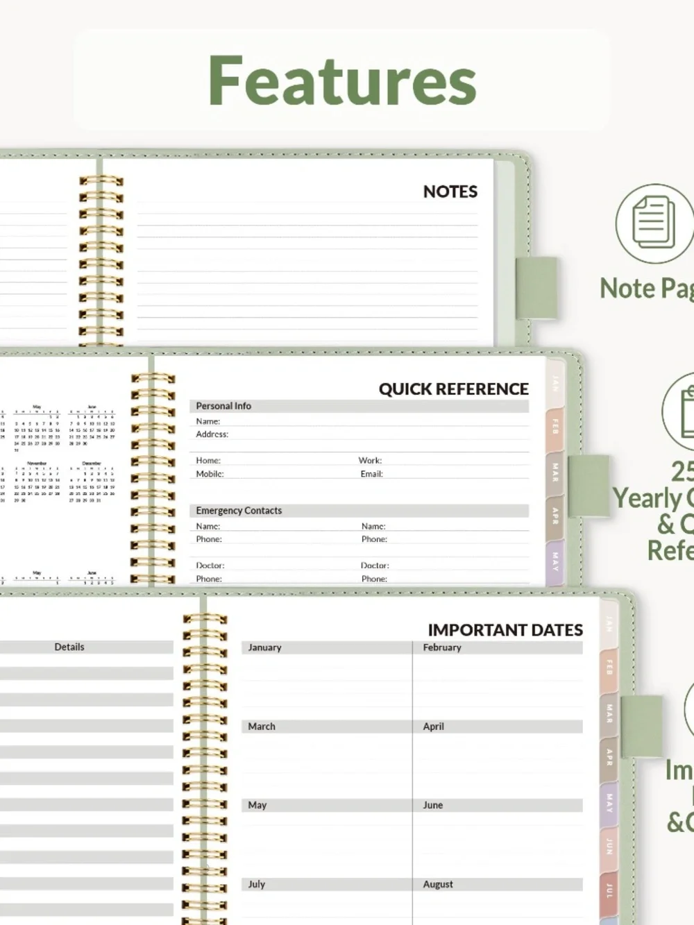 '26 Weekly/Monthly Cal/Planner, Vegan Leather, Bookmark, Tabs, Sage (ASIN-VDF5)